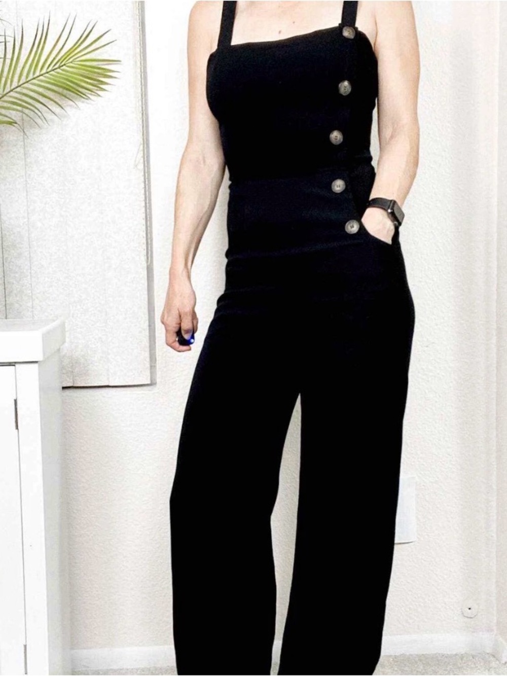 Reformation Black Square-Neck Wide-Leg Jumpsuit with Side Buttons